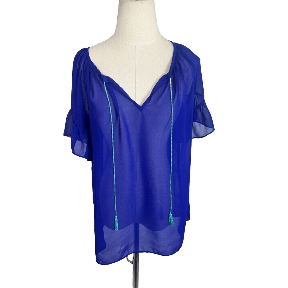 MILLY Womens Blue Chiffon Sheer V-Neck‎ Shirt Size Medium Ruffle Sleeve Tassel